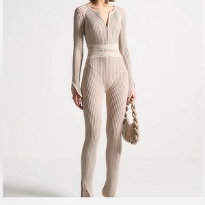 Knitted Two Tone Jumpsuit with Belt